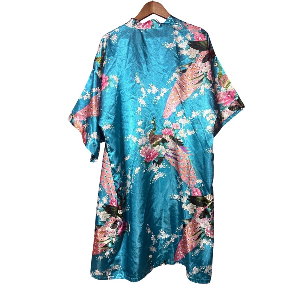 Unbranded Women NA‎ Turquoise Peacock Floral Kimono Robe Resortwear Intimate - Picture 2 of 6